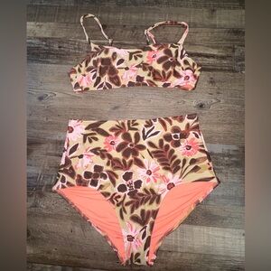 Aerie Real Good Floral High Waisted Bikini Set Small UPF 50 Retro Tropical